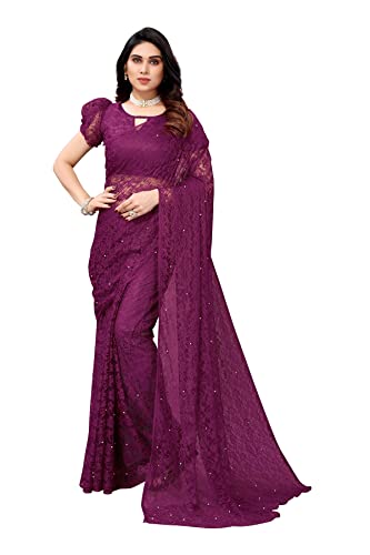 IMTRA FASHION Designer Netz Sari Für Frauen Indischer Blumen Sari Mit Bluse Lila(ABIRA PURPLE) von IMTRA FASHION