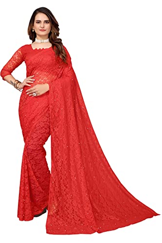 IMTRA FASHION Designer Netz Sari Für Frauen Indischer Blumen Sari Mit Bluse Rot(ABIRA RED) von IMTRA FASHION