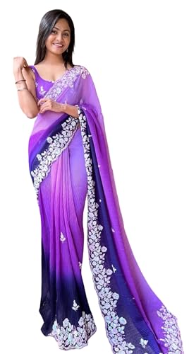 IMTRA FASHION Designer Sari Für Damen Georgette Stickerei Bollywood Sari Mit Ungesäumtem Blusenteil – Lila von IMTRA FASHION