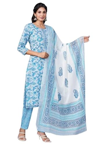 IMTRA FASHION Frauen 100% Baumwolle Indische Kurti-Hose Mit Dupatta-Set Bedrucktem Kleid (Blau-X-Groß) von IMTRA FASHION