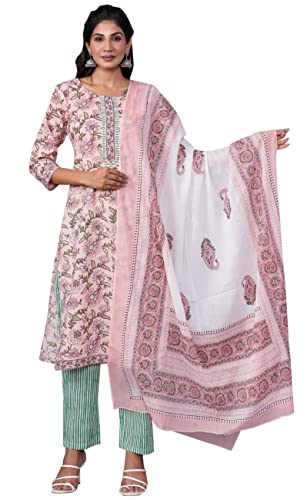 IMTRA FASHION Frauen 100% Baumwolle Indische Kurti-Hose Mit Dupatta-Set Bedrucktem Kleid (Rosa-XX-Large) von IMTRA FASHION