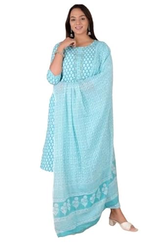 IMTRA FASHION Gedruckt Gerade Kurta Hose Setzen für Frauen Indisch Klage Rein Baumwolle Kurti Hose mit Dupatta (Himmel Blau-3X-Large) von IMTRA FASHION
