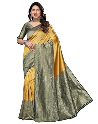 IMTRA FASHION Gelber Indischer Banarasi Jacquard Sari Im Kanjivaram Stil Für Damen Mit Ungesäumtem Blusenteil von IMTRA FASHION