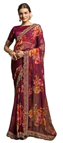 IMTRA FASHION Georgette Sari Für Frauen Indisches Ethnisches Kleid Sari Mit Stickerei Und Ungesäumtem Blusenstück - Lila von IMTRA FASHION