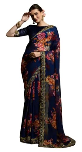 IMTRA FASHION Georgette Sari Für Frauen Indisches Ethnisches Kleid Sari Mit Stickerei Und Ungesäumtem Blusenteil - Blau von IMTRA FASHION