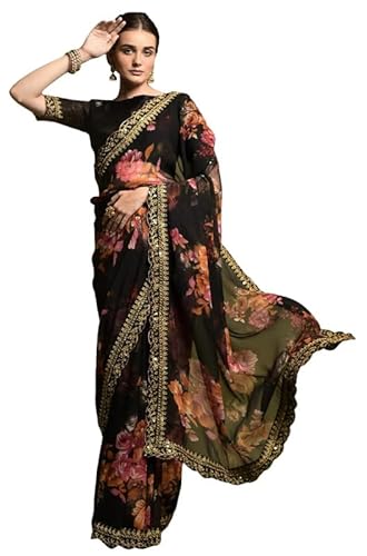 IMTRA FASHION Georgette Sari Für Frauen Indisches Ethnisches Kleid Sari Mit Stickerei Und Ungesäumtem Blusenteil - Schwarz von IMTRA FASHION