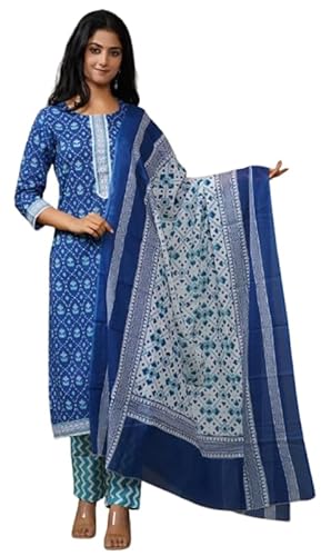 IMTRA FASHION Gerade Kurta Hose Setzen für Frauen Indisch Gedruckt Kurti Tunika mit Dupatta (Blau-X-Large) von IMTRA FASHION