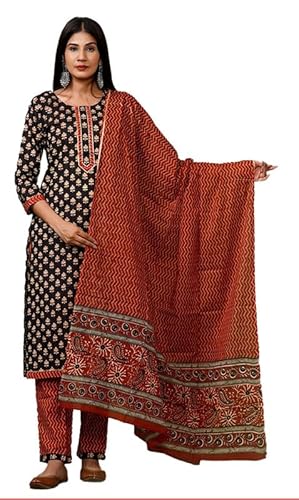 IMTRA FASHION Gerade Kurti Hose Setzen für Frauen Indisch Klage Rein Baumwolle Kurta mit Dupatta (Schwarz-XX-Large) von IMTRA FASHION