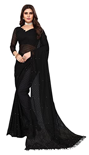 IMTRA FASHION Indischer Damen Netz Sari Traditioneller Sari Mit Nicht Genähtem Blusenteil-Schwarz-JAYA BLACK von IMTRA FASHION