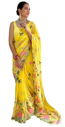 IMTRA FASHION Indisch Designer Sari Für Damen Georgette Stickerei Bollywood Sari Mit Ungesäumtem Blusenteil – Gelb von IMTRA FASHION