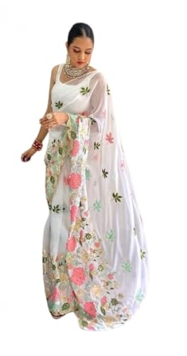 IMTRA FASHION Indisch Designer Sari Für Damen Georgette Stickerei-Bollywood Sari Mit Ungesäumtem Blusenteil – Weiß von IMTRA FASHION