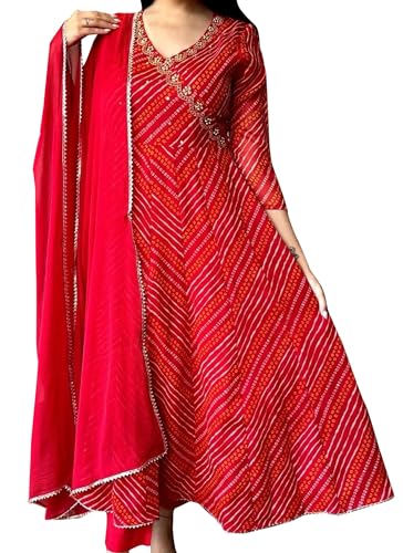 IMTRA FASHION Indische Damen Bandhej Anarkali Kurti mit Hosen-Set Rayon-Kleid von IMTRA FASHION