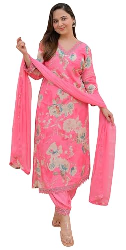 IMTRA FASHION Indische Damen Rayon Printed Kurta, Hose mit Dupatta Tunika Kurti Kleid, Babyrosa, X-Large von IMTRA FASHION