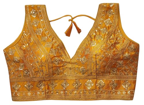 IMTRA FASHION Indische Fertige Tussar Seiden Sari Bluse für Frauen Bauchfreies Top Choli-Gelb-42 von IMTRA FASHION