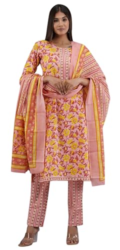 IMTRA FASHION Indischer Anzug Aus Reiner Baumwolle Gerades Kurta-Hosen-Set Für Damen Mit Dupatta (Pfirsichfarben-3X-Groß) von IMTRA FASHION
