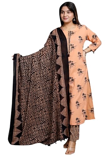 IMTRA FASHION Indischer Bedruckter Anzug Mit Dupatta Kurta-Hosenset Aus Reiner Baumwolle Für Damen (Pfirsichfarben Mittelgroß) von IMTRA FASHION