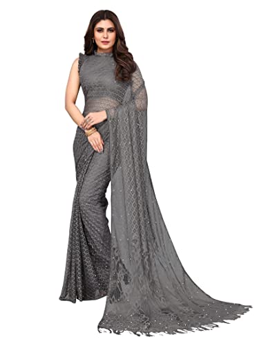 IMTRA FASHION Indischer Damen Netz Sari Traditioneller Sari Mit Nicht Genähtem Blusenteil-Grau-JAYA GREY von IMTRA FASHION