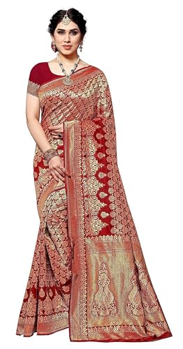 IMTRA FASHION Indischer Damen Sari Aus Banarasi Jacquard Webstoff Mit Nicht Genähtem Blusenteil-Rot-MALIYA RED von IMTRA FASHION