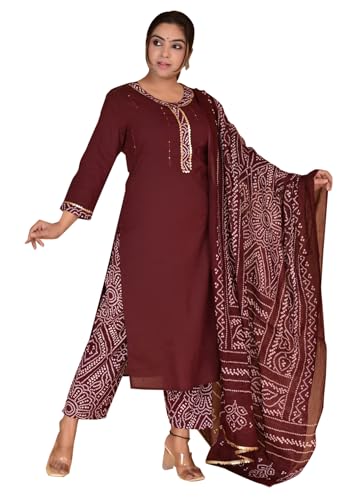 IMTRA FASHION Kurta-Hosen-Set Für Damen Indischer Anzug Aus Reiner Baumwolle Mit Dupatta (Dunkelbraun-Medium) von IMTRA FASHION