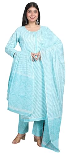 IMTRA FASHION Kurta-Hosen-Set Für Damen Indischer Anzug Aus Reiner Baumwolle Mit Dupatta (Himmelblau-Mittel) von IMTRA FASHION