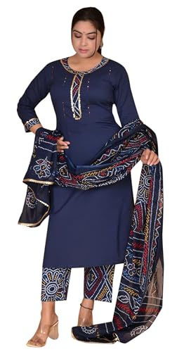 IMTRA FASHION Kurta-Hosen-Set Für Damen Indischer Anzug Aus Reiner Baumwolle Mit Dupatta (Marineblau-Mittel) von IMTRA FASHION