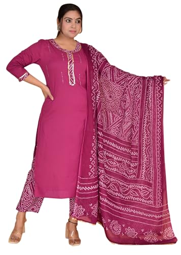 IMTRA FASHION Kurta-Hosenset Für Damen Indischer Anzug Aus Reiner Baumwolle Mit Dupatta (Magenta-3X-Large) von IMTRA FASHION