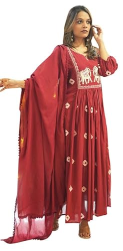 IMTRA FASHION Kurta Und Hosenset Aus Reiner Baumwolle Für Damen Indischer Anzug A-Linie Bestickte Kurti-Hose Mit Dupatta (Rot-XX-Large) von IMTRA FASHION
