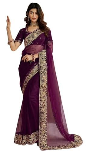 IMTRA FASHION Netz Sari Für Frauen Indisches Ethnisches Kleid Hochzeitsgeschenk Stickerei Sari Mit Ungesäumtem Blusenstück - Violett von IMTRA FASHION