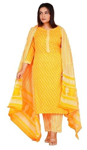 IMTRA FASHION Rein Baumwolle Gerade Kurta Hose Setzen für Frauen Gelb Kleid Kurti mit Dupatta (Gelb-Medium) von IMTRA FASHION