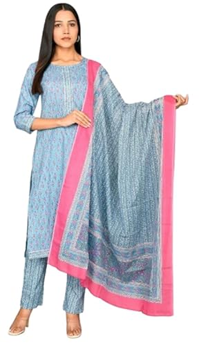 IMTRA FASHION Rein Baumwolle Gerade Kurta Hose Setzen für Frauen Salwar Klage und Dupatta (Blau-3X-Large) von IMTRA FASHION