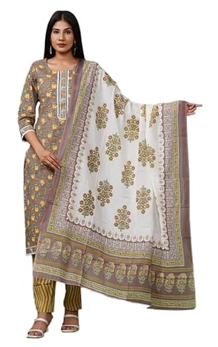 IMTRA FASHION Rein Baumwolle Gerade Kurta und Hose Setzen Indisch Klage für Frauen mit Dupatta (Braun-Medium) von IMTRA FASHION