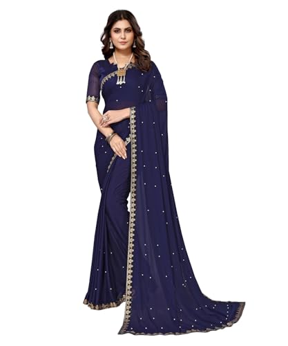 IMTRA FASHION Saree Für Damen Goergette Seidensari Und Ungenähte Bluse-Blau-AARIYA NAVY von IMTRA FASHION