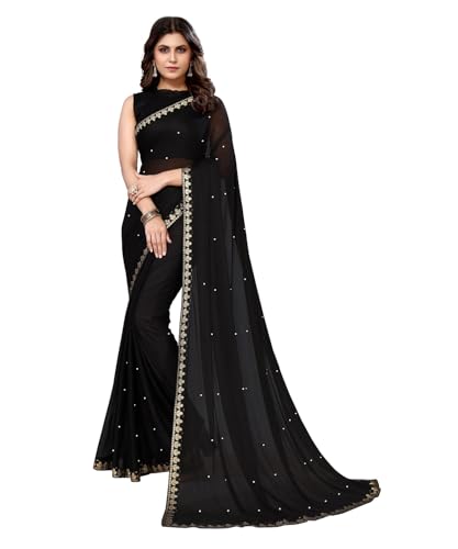 IMTRA FASHION Saree Für Damen Goergette Seidensari Und Ungenähte Bluse-Schwarz-AARIYA BLACK von IMTRA FASHION