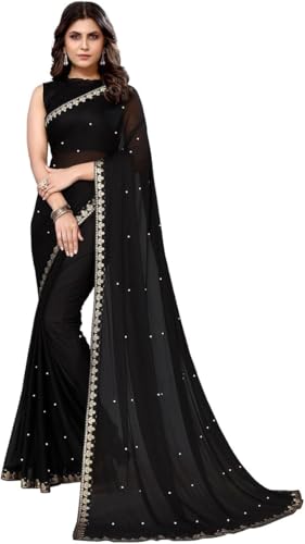 IMTRA FASHION Saree Für Damen Goergette Seidensari Und Ungenähte Bluse-Schwarz-AARIYA BLACK von IMTRA FASHION