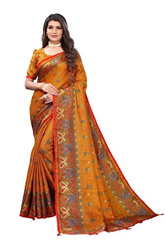 IMTRA FASHION Saree Für Frauen Indischer Baumwollnetz Sari Mit Bluse In Spiegelarbeit Senf(PARI MUSTARD) von IMTRA FASHION