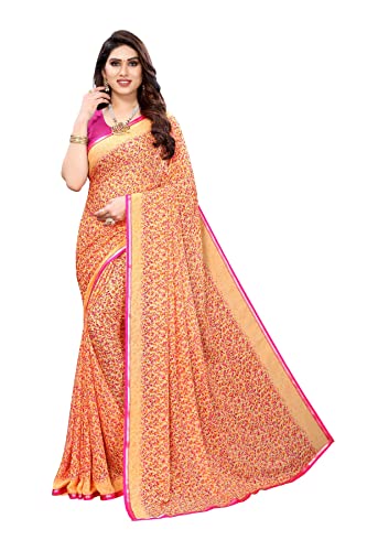 IMTRA FASHION Saree Für Frauen Indischer Georgette Bedruckt Und Spitzenarbeit Mit Bluse Orange(04 URJA) von IMTRA FASHION