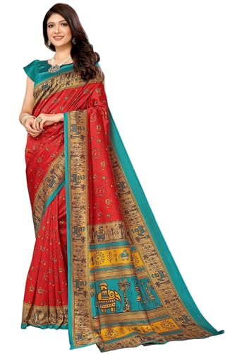 IMTRA FASHION Sari Für Damen Bedrucktes Indisches Rotes Sari Aus Kunstseide Mit Ungesäumtem Blusenteil von IMTRA FASHION