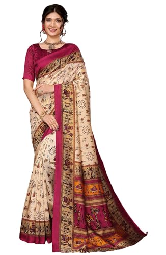 IMTRA FASHION Sari Für Damen Cremefarben Bedrucktes Indisches Sari Aus Kunstseide Mit Ungesäumtem Blusenteil von IMTRA FASHION