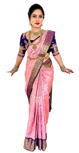 IMTRA FASHION Sari Für Damen Im Kanjivaram Stil Indisches Banarasi Jacquard Sari Kleid In Rosa Mit Ungesäumtem Blusenteil von IMTRA FASHION