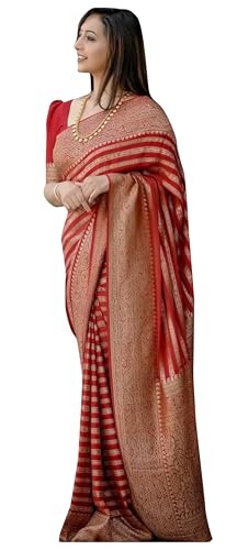 IMTRA FASHION Sari Für Damen Im Kanjivaram Stil Rotes Indisches Banarasi Jacquard Sari Kleid Mit Ungesäumtem Blusenteil von IMTRA FASHION