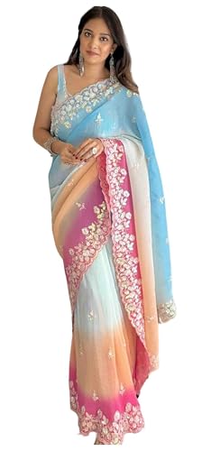 IMTRA FASHION Sari Für Damen Partykleidung Georgette Stickerei Sari Mit Ungesäumtem Blusenteil – Himmelblau von IMTRA FASHION