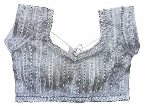 IMTRA FASHION Schwere Bestickte Saree-Bluse Für Damen Schweres Perlen-Crop-Top In Choli-Silber von IMTRA FASHION
