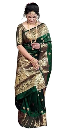 IMTRA FASHION Traditioneller Saree Für Damen Indischer Banarasi-Jacquard-Sari Im Kanjivaram-Stil Mit Ungenähter Bluse- Grün von IMTRA FASHION