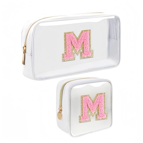 IN Chenthy Kosmetik Reisetasche, 2 Stück Set Damen Personalisierte Initialen Transparent Kosmetiktasche Reise Kulturtasche Geburtstagsgeschenk für Frauen Teenager Freundinnen Lehrer Mütter, Weiß M, von IN Chenthy