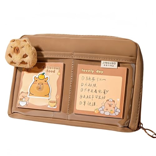 IN Chenthy Niedliches Capybara Kosmetiktaschen-Set, 12 Fächer, 90° Öffnung, inklusive Plüschpuppe + 20 Aufkleber, 2 Broschen, 1 Notizblock, 1 Schlüsselanhänger, Braun, Einheitsgröße von IN Chenthy