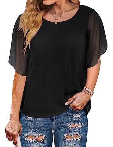 IN'VOLAND Chiffon-Bluse mit Fledermausärmeln für Damen, Übergröße, U-Ausschnitt, Tunika-Shirts - Schwarz - 3X von IN'VOLAND