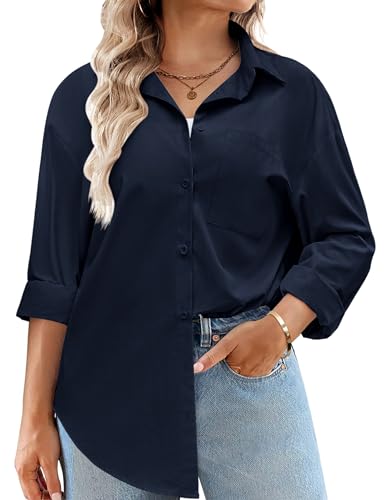 IN'VOLAND Damen-Bluse mit Knopfleiste, Übergröße, Baumwolle, lässig, lange Ärmel, lockere Passform, Kragen, Arbeitsbluse, Tops mit Tasche, Dunkelblau, 50 Mehr von IN'VOLAND