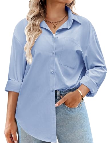 IN'VOLAND Damen-Bluse mit Knopfleiste, Übergröße, Baumwolle, lässig, lange Ärmel, lockere Passform, Kragen, Arbeitsbluse, Tops mit Tasche, Hell, blau, 50 Mehr von IN'VOLAND