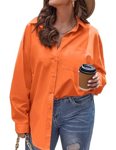 IN'VOLAND Damen-Bluse mit Knopfleiste, Übergröße, Baumwolle, lässig, lange Ärmel, lockere Passform, Kragen, Arbeitsbluse, Tops mit Tasche, Orange/Abendrot im Zickzackmuster (Sunset Chevron), 50 Mehr von IN'VOLAND