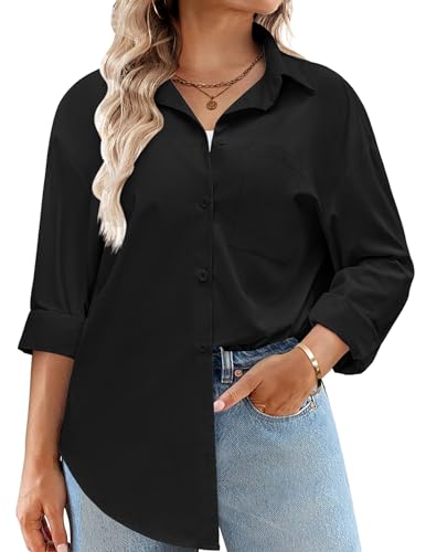 IN'VOLAND Damen-Bluse mit Knopfleiste, Übergröße, Baumwolle, lässig, lange Ärmel, lockere Passform, Kragen, Arbeitsbluse, Tops mit Tasche, Schwarz, 56 Plus von IN'VOLAND